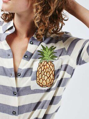 TOPSHOP Blue Cream Striped Pineapple Embroidered Button Down Shirt NWT 8